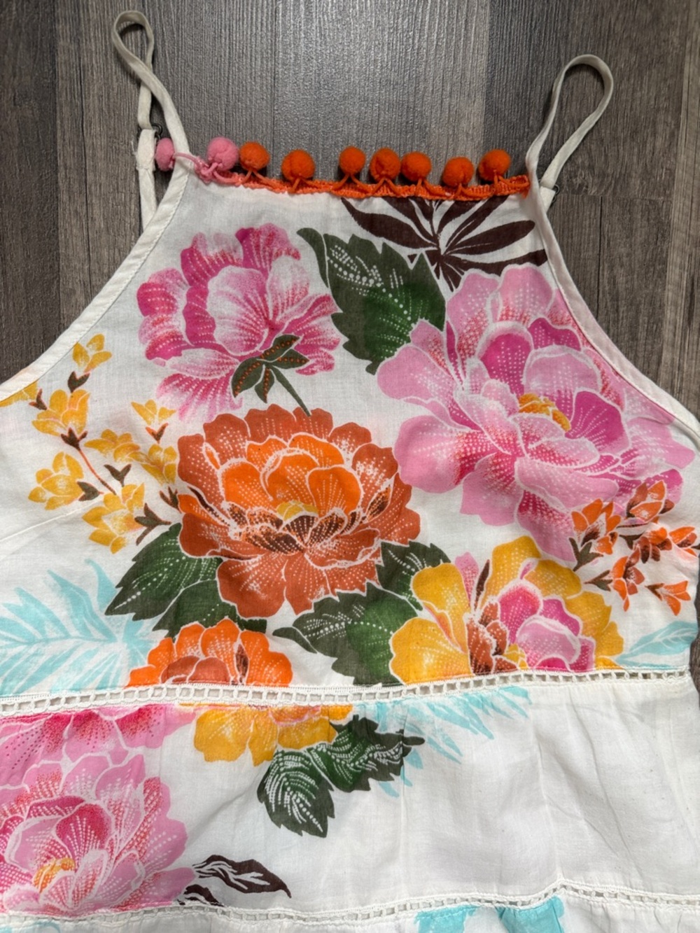 FARM RIO Floral Maxi Sundress in White with Pink & Orange Blooms - Picture 4 of 5